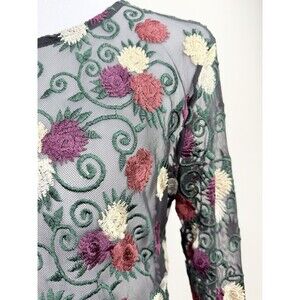 RO & DE Sheer Embroidered Floral Top Women Large Black Mesh Long Sleeve Y2K Boho